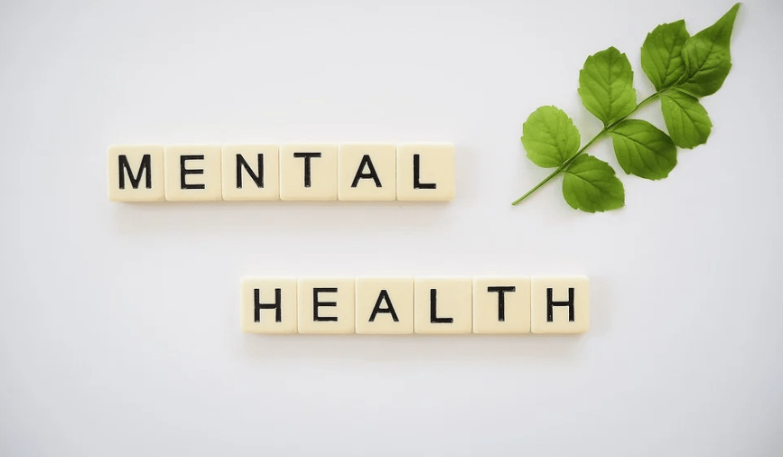 “MENTAL HEALTH” spelled with scrabble tiles, a stem of a plant, leaves