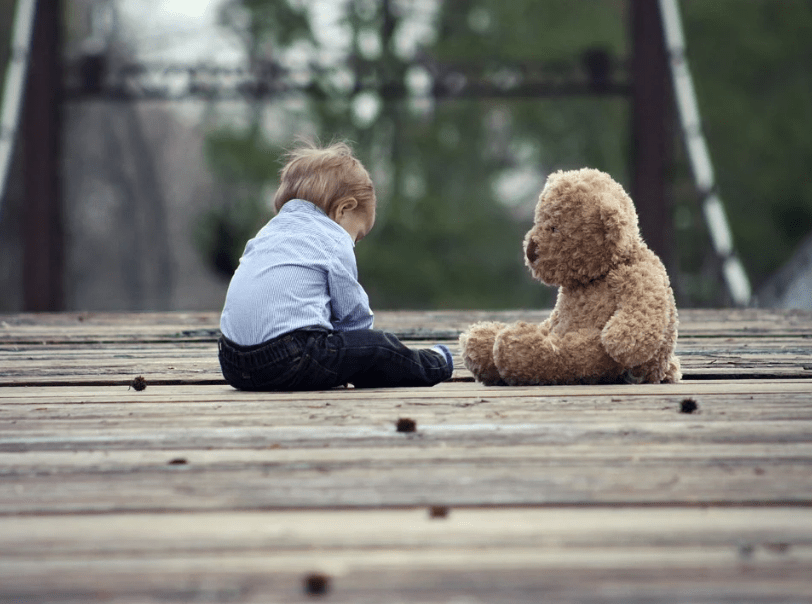wooden planks, bridge, toddler, teddy bear