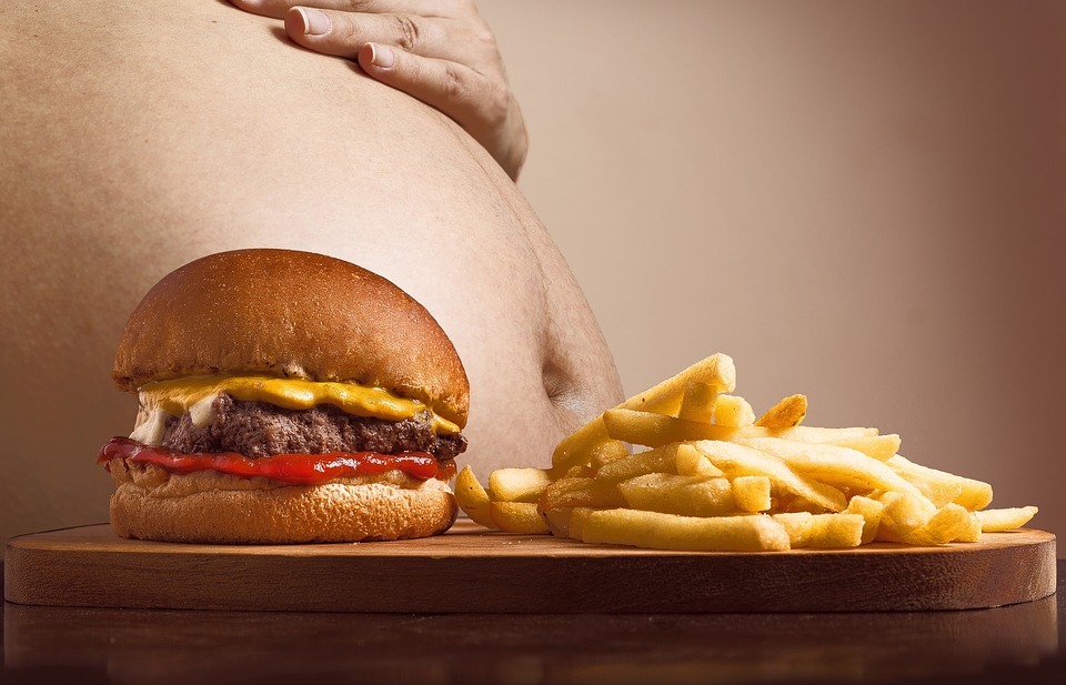 A hamburger and french-fries in front of a big belly