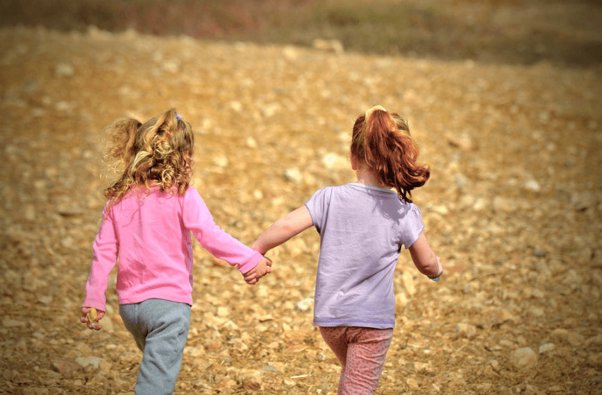 blonde little girl wearing pink shirt, redhead little girl wearing purple shirt, brown leaves on the ground